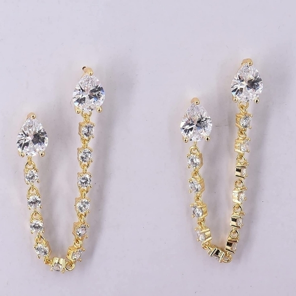 18K Gold Double Piercing Pear 2.0ct Diamond Loop Earrings Stud Chain Draped - Picture 2 of 3